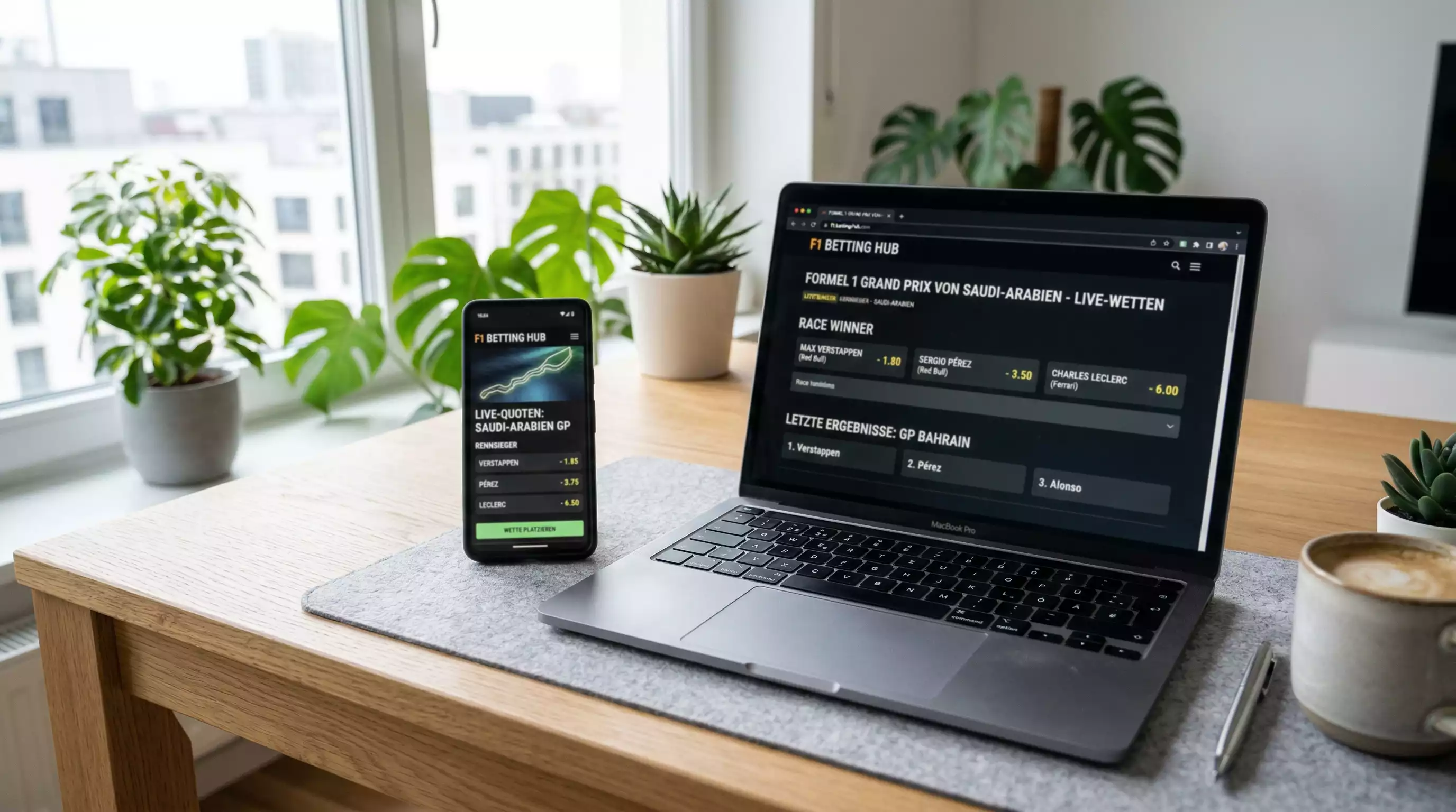 Smartphone und Laptop mit Sportwetten-Oberfläche – Vergleich der besten F1-Wettanbieter