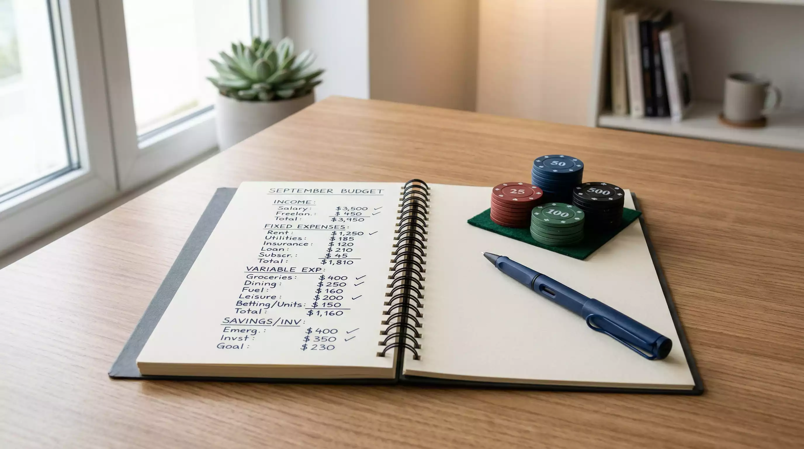 Geordneter Schreibtisch mit Notizbuch und Stift – Bankroll-Management für F1-Wetten