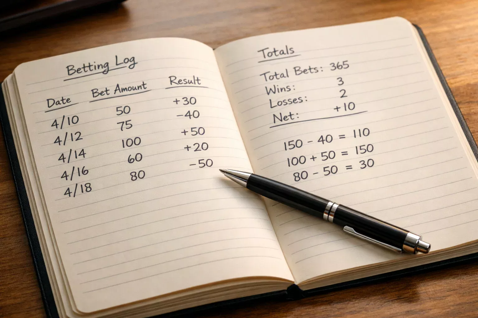 Notizbuch mit handschriftlicher Wettplanung und Stift