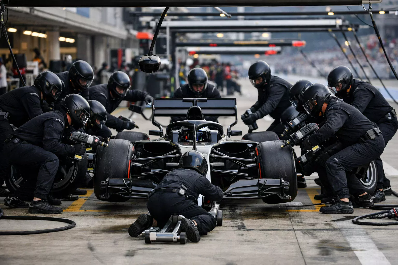 Formel-1-Boxenstopp mit Mechanikern beim schnellen Reifenwechsel