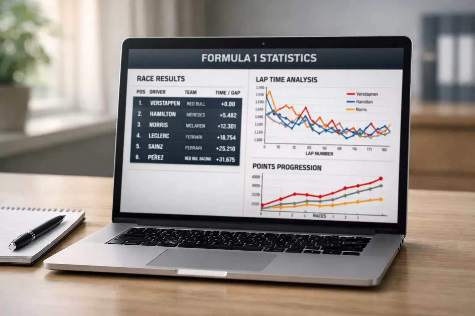Laptop mit F1-Rennstatistiken und Leistungsdiagrammen