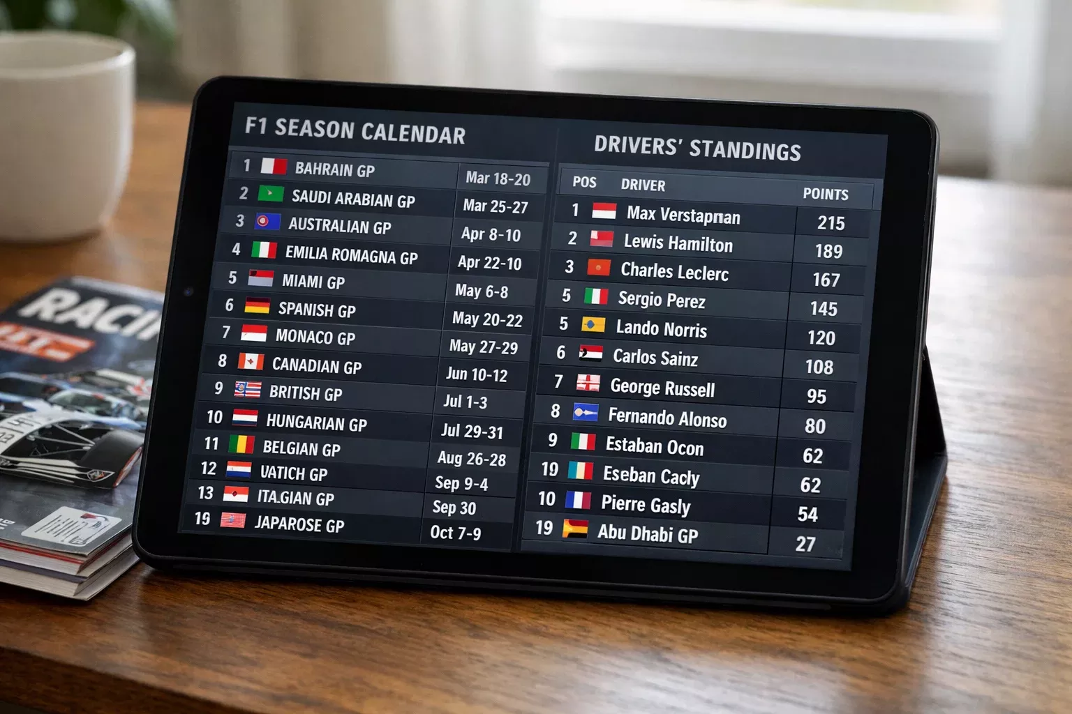 Formel-1-Kalender und WM-Stand auf einem Tablet