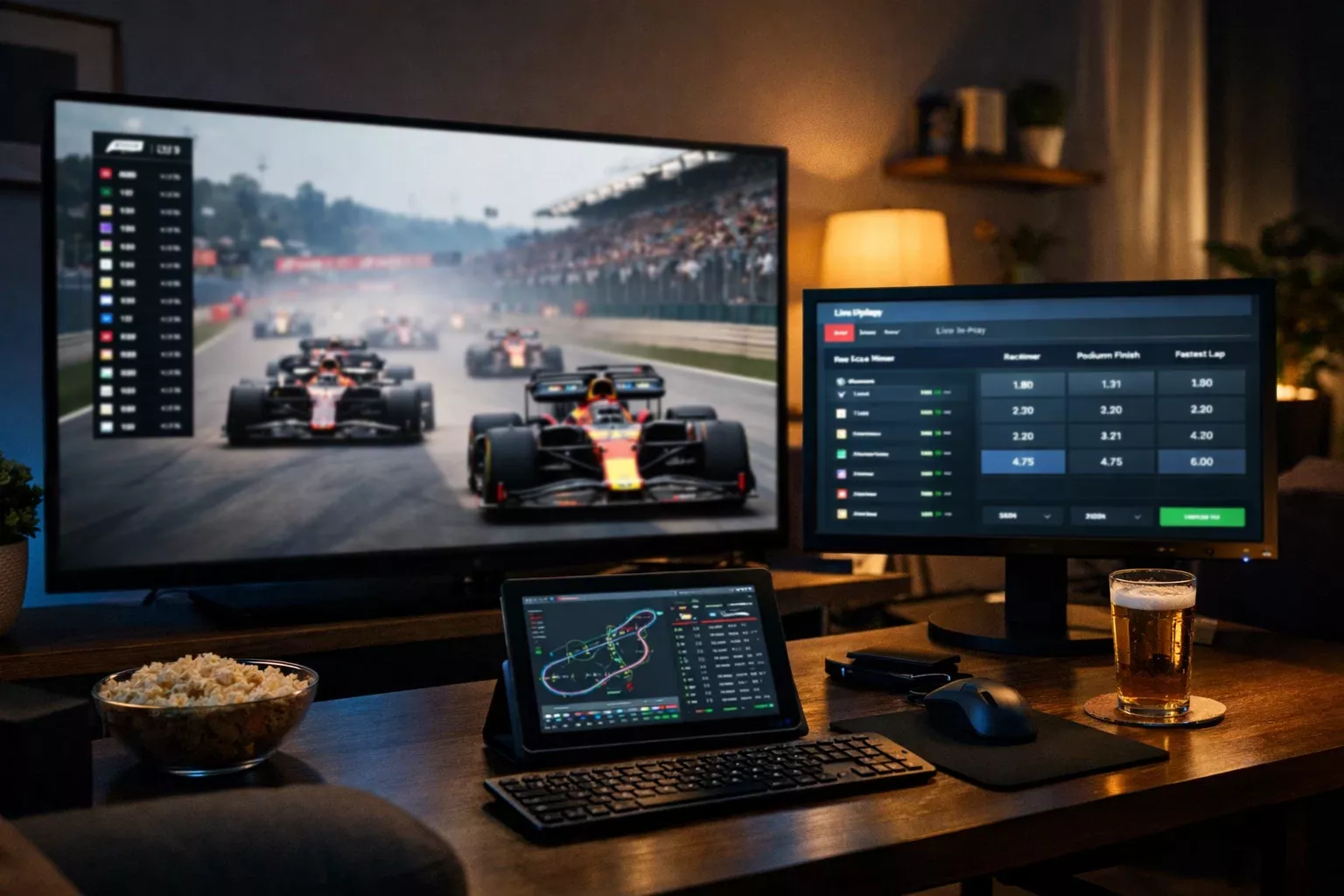Mehrere Bildschirme zeigen F1-Rennen und Live-Wettquoten