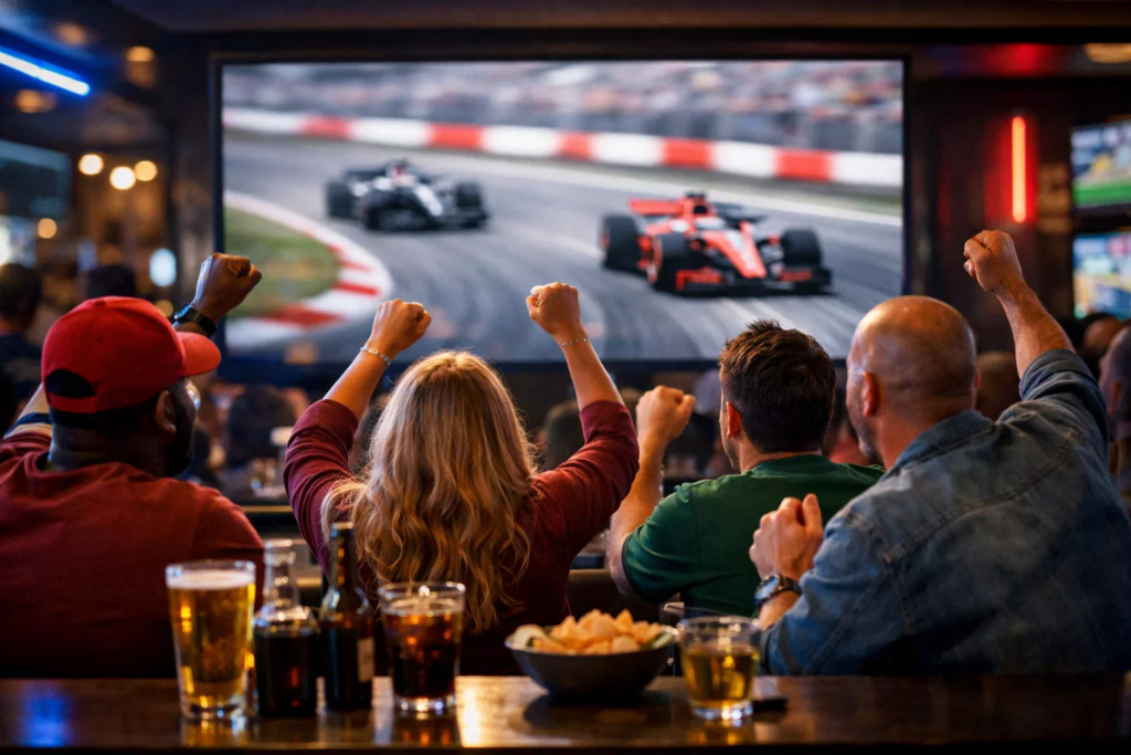 Menschen schauen Formel 1 Rennen live auf großem Bildschirm in Sportbar