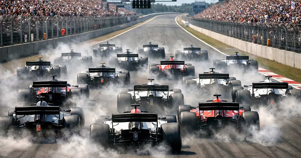 Formel-1-Rennstart mit allen Autos auf der Startgerade