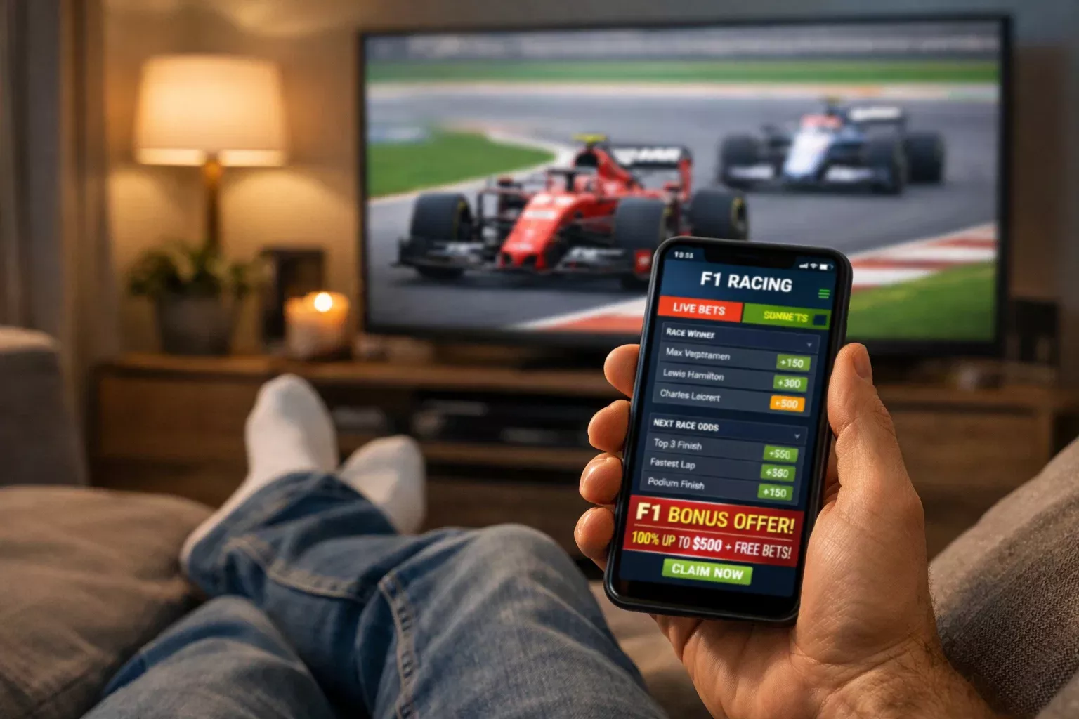 Person hält Smartphone mit Wett-App vor einem Fernseher mit F1-Rennen