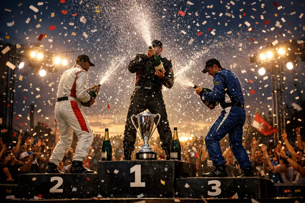 Formel 1 Siegerehrung mit Champagner auf dem Podium nach Saisonfinale