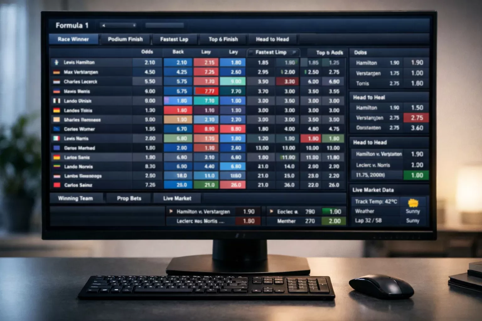 Detaillierte Wettquoten-Anzeige für Formel-1-Rennen auf einem Monitor