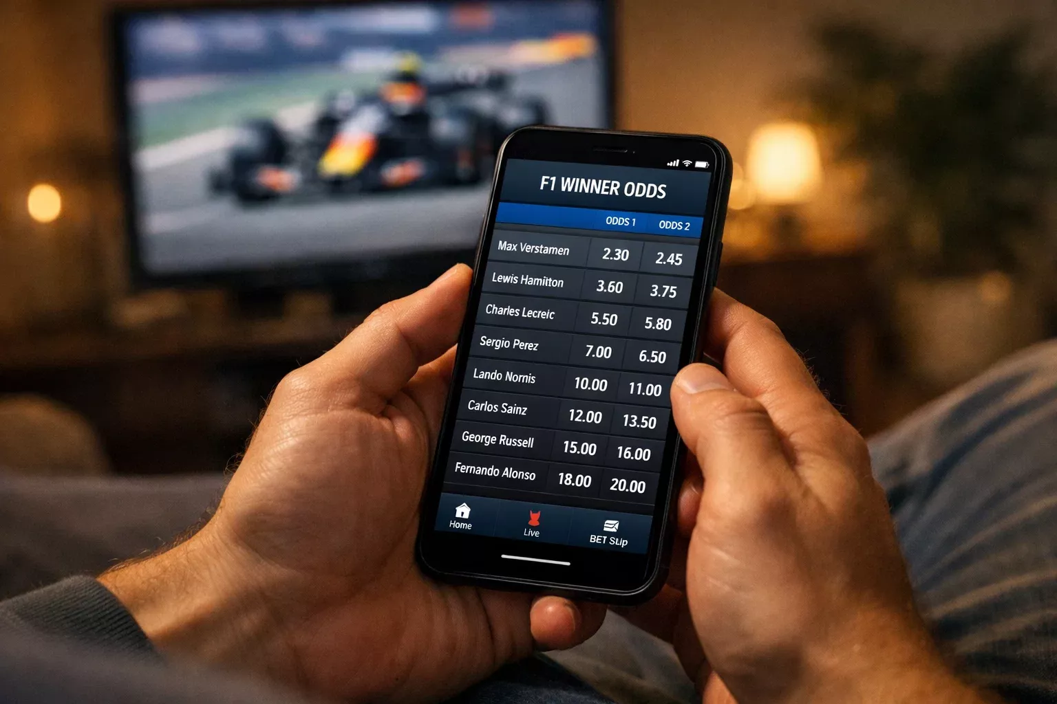 Person vergleicht F1-Wettquoten auf dem Smartphone
