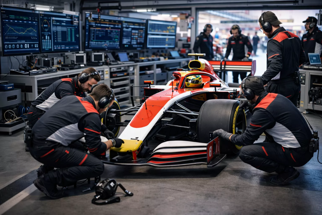 Formel 1 Boxengasse mit Mechanikern und Rennwagen während der Vorbereitung