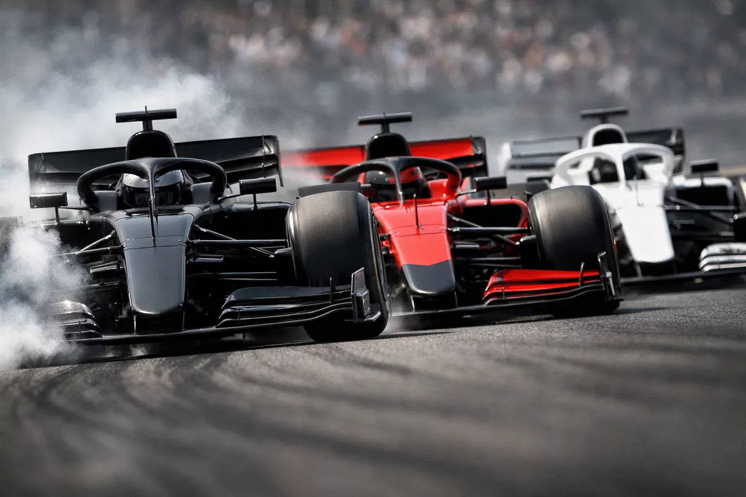 Nahaufnahme eines F1-Sprintrennstarts mit Autos Rad an Rad