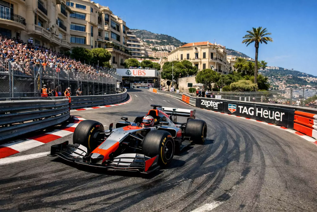 Formel 1 Rennwagen fährt durch enge Kurve auf Monaco Stadtkurs