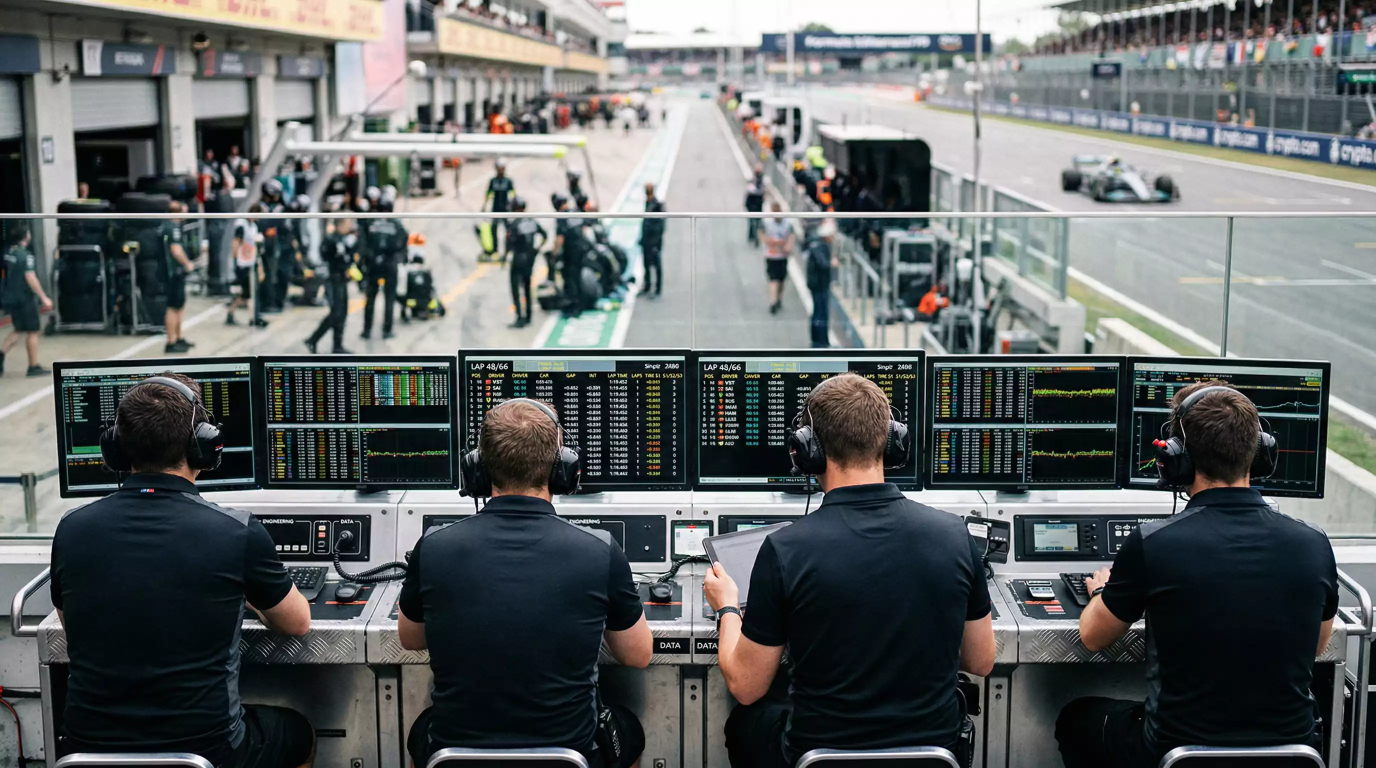 Formel-1-Boxenmauer mit Monitoren und Zeitenlisten – Trainingsdaten für Wettanalyse