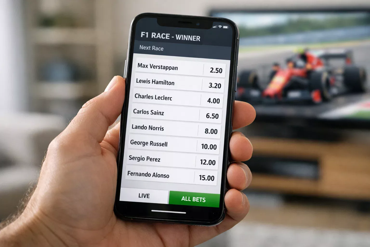 Smartphone mit Wettquoten für ein Formel-1-Rennen