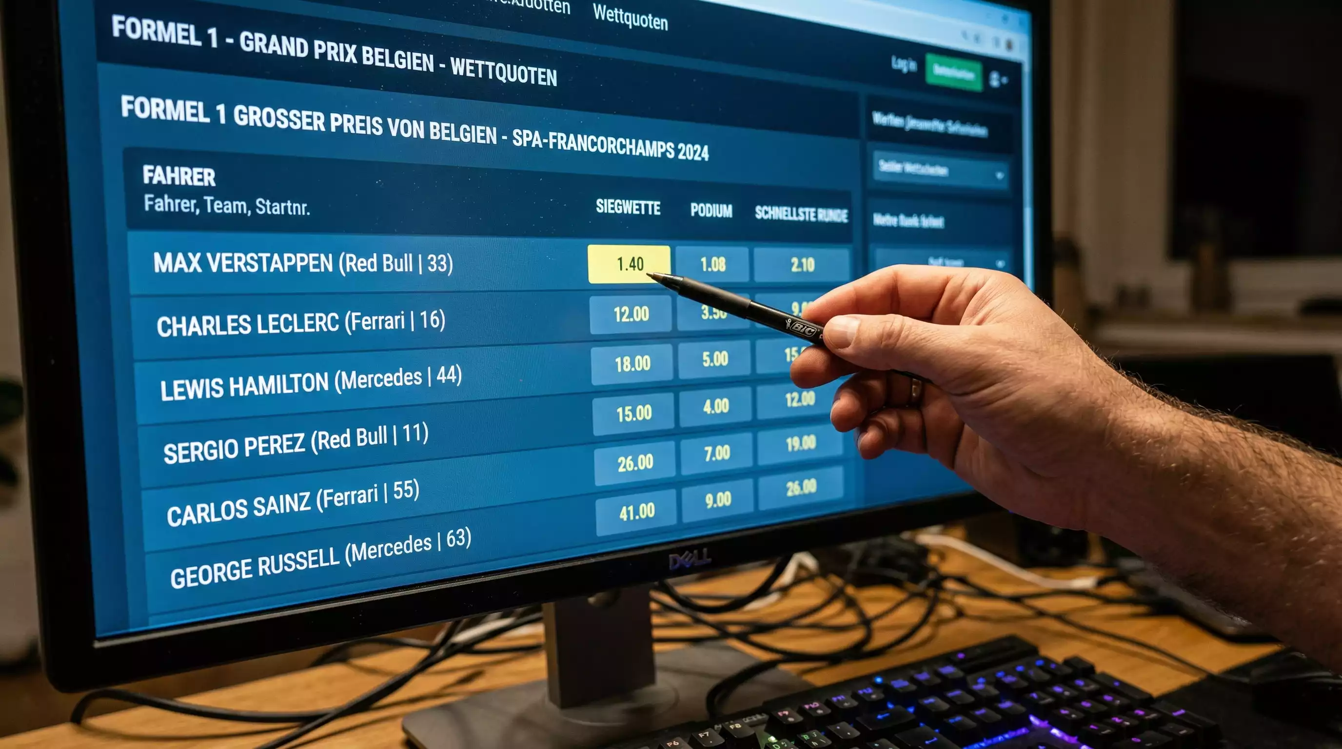 Detailaufnahme von Wettquoten auf einem Bildschirm – Value Betting in der Formel 1