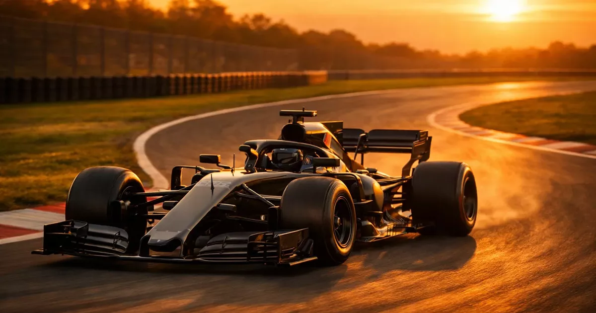 Formel-1-Bolide auf der Rennstrecke bei Sonnenuntergang