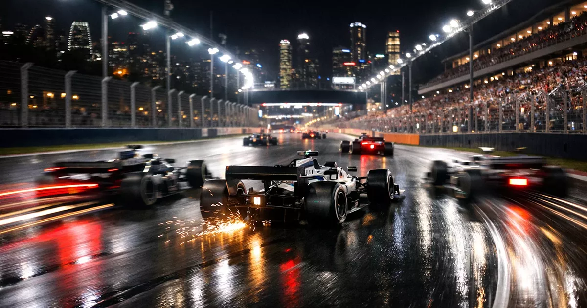 Formel-1-Rennen bei Nacht mit beleuchteter Rennstrecke