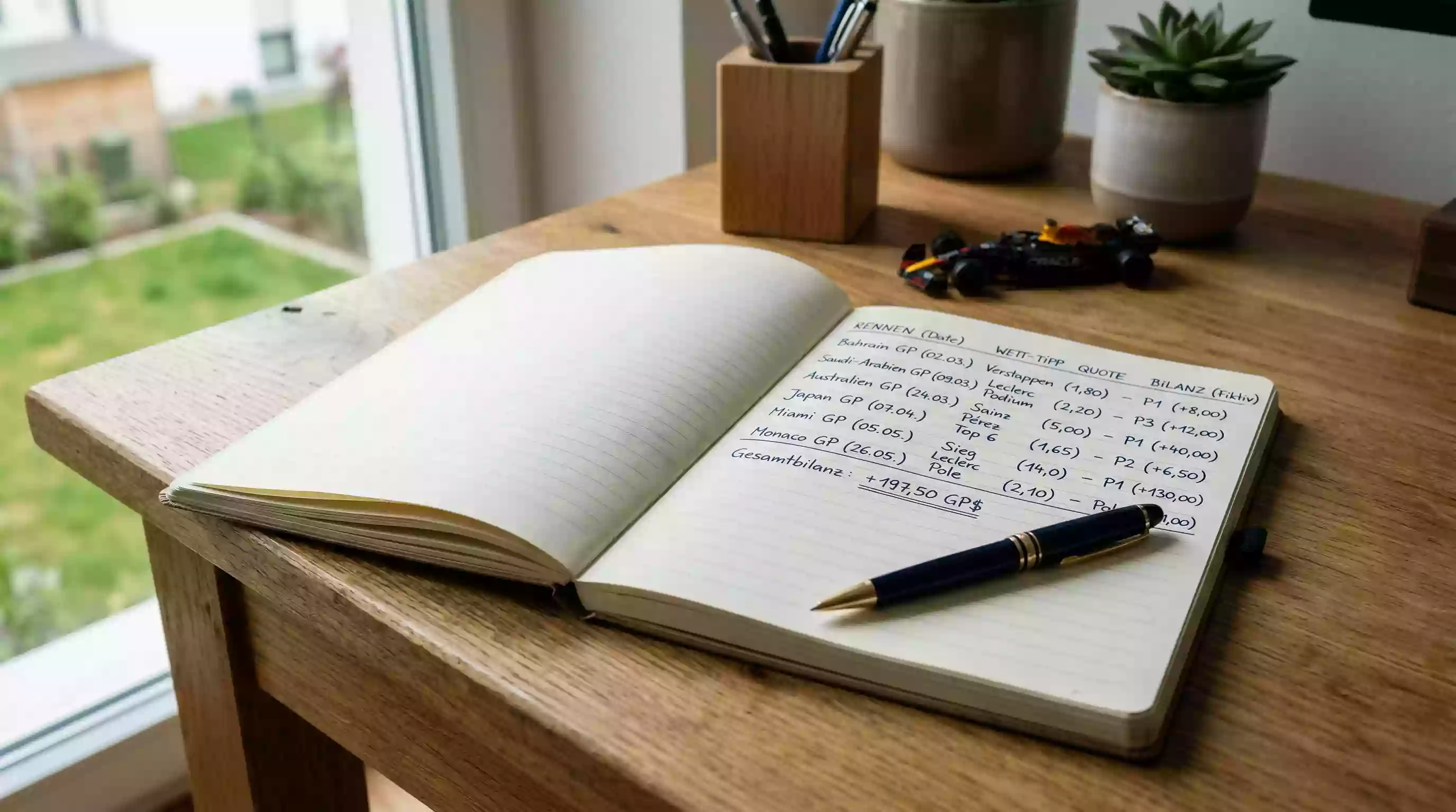 Aufgeschlagenes Notizbuch mit Wetteinträgen und Stift – Wetttagebuch für F1-Sportwetten