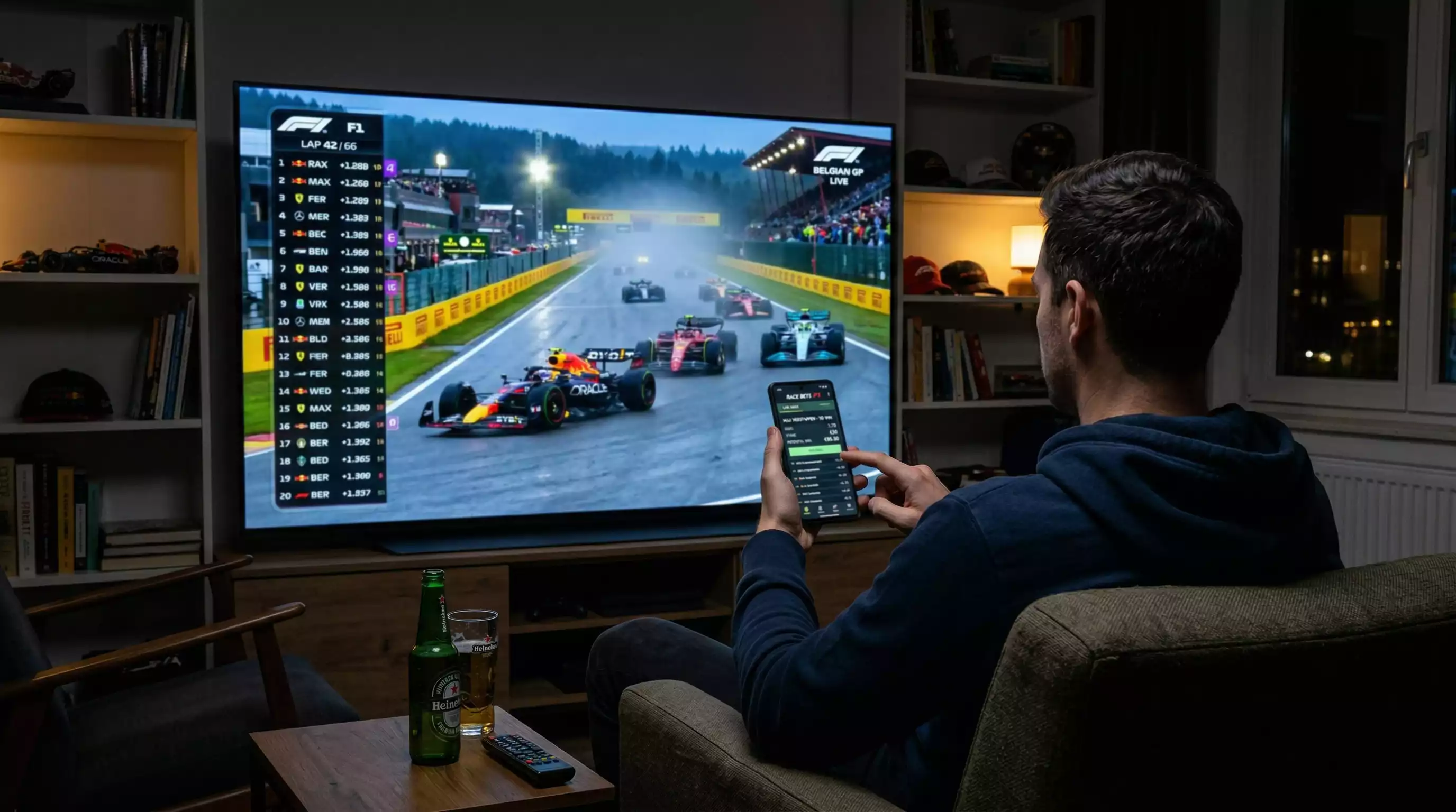 Person verfolgt ein Formel-1-Rennen auf dem Bildschirm – Live-Wetten in Echtzeit