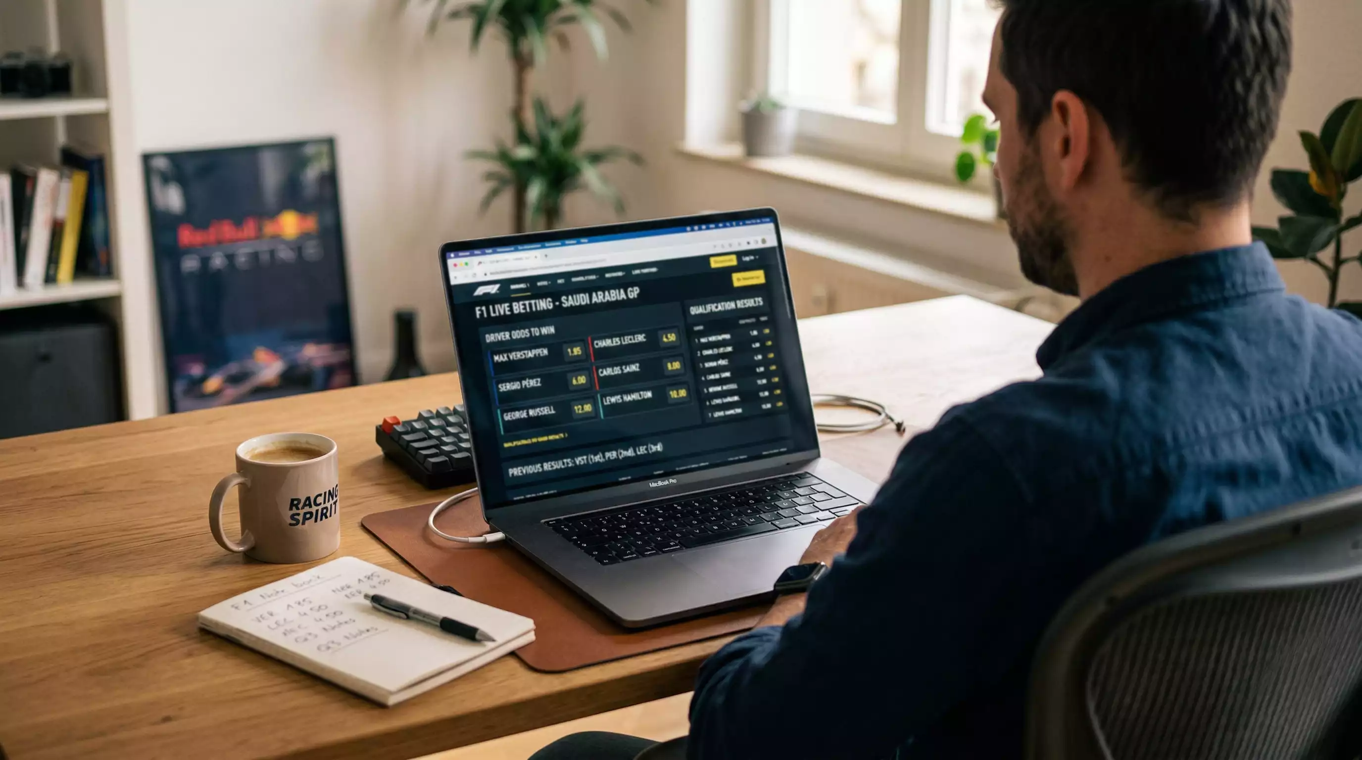 Person analysiert Wettquoten auf einem Laptop – Formel-1-Quoten richtig verstehen
