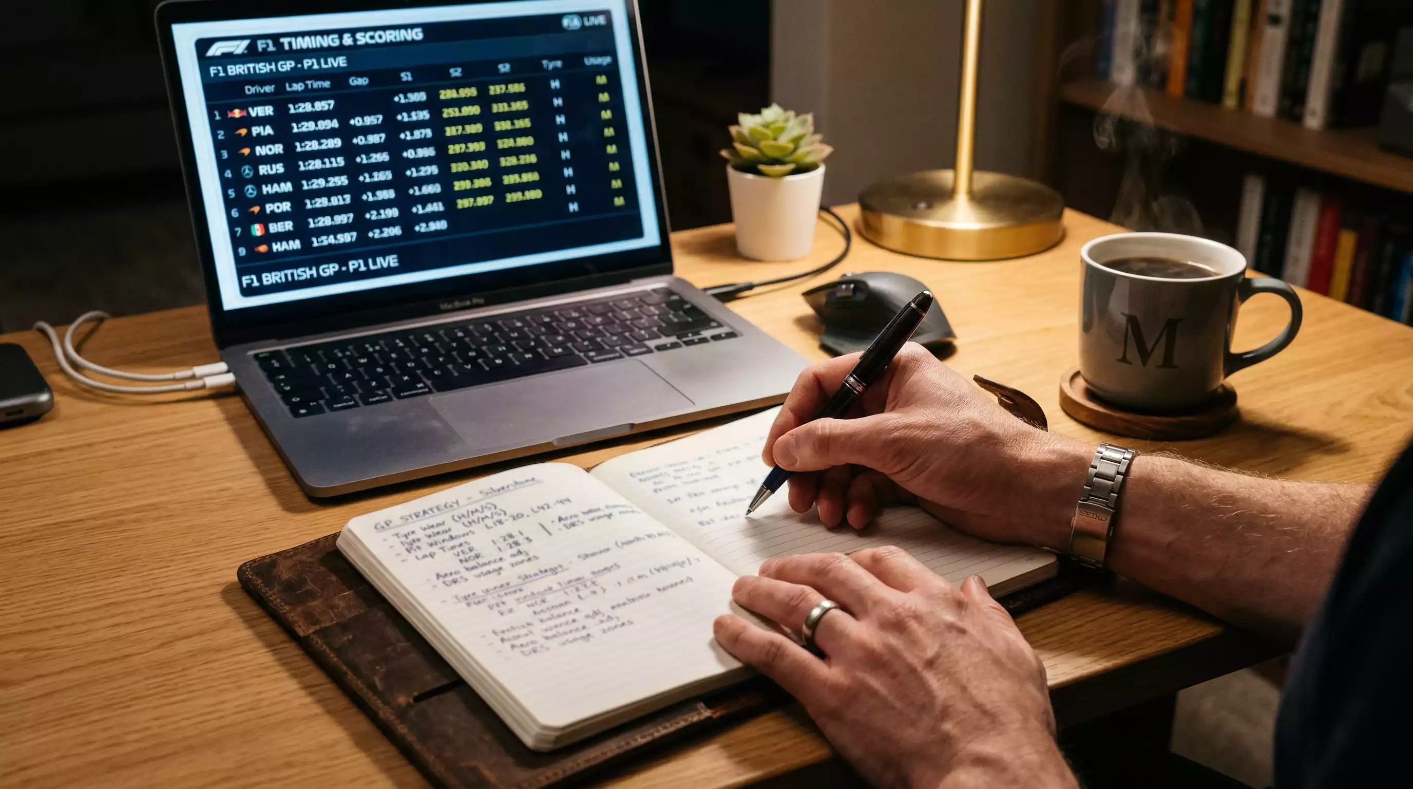 Strategische Analyse auf einem Notizblock neben einem F1-Rennbild – systematische Wettstrategien
