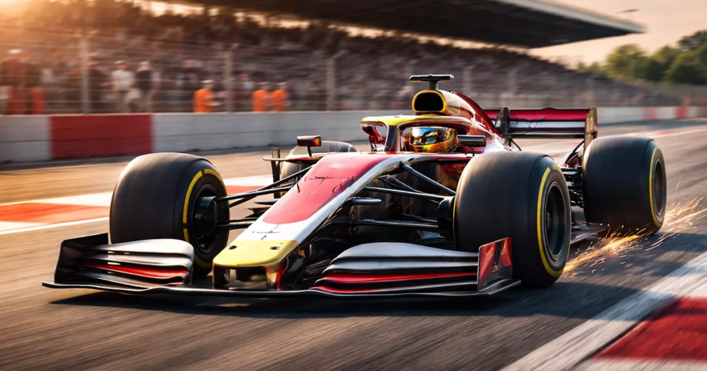 Formel 1 Rennwagen auf der Strecke mit Boxencrew im Hintergrund